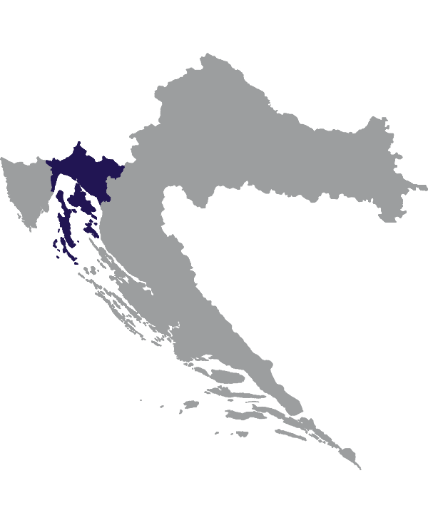 Landkaart Kroatië grijs met comitaat Primorje-Gorski Kotar donkerblauw op transparante achtergrond - 600 * 733 pixels